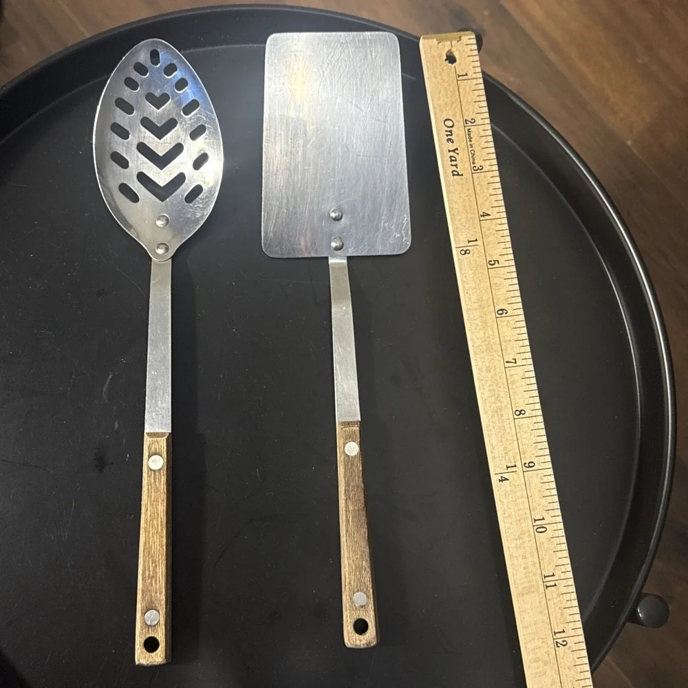 Vintage Stainless Steel Spoon and Spatula Set Wood Handles Lot Of 2 Taiwan Made‎